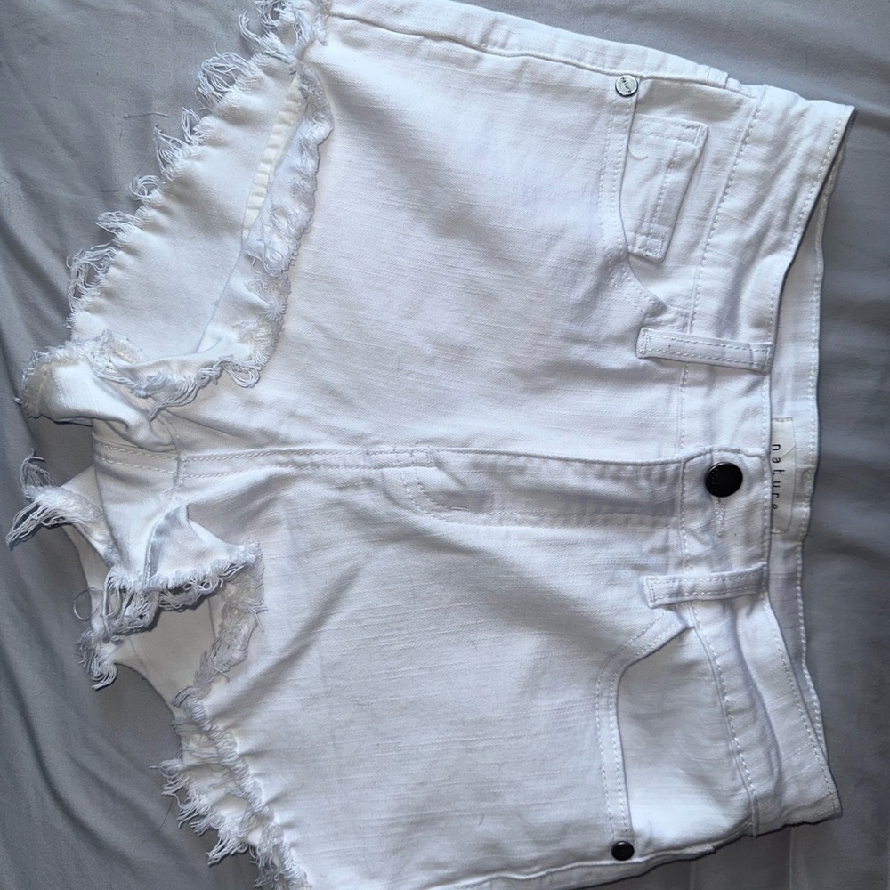 White Distressed Jean Shorts with Frayed Hem